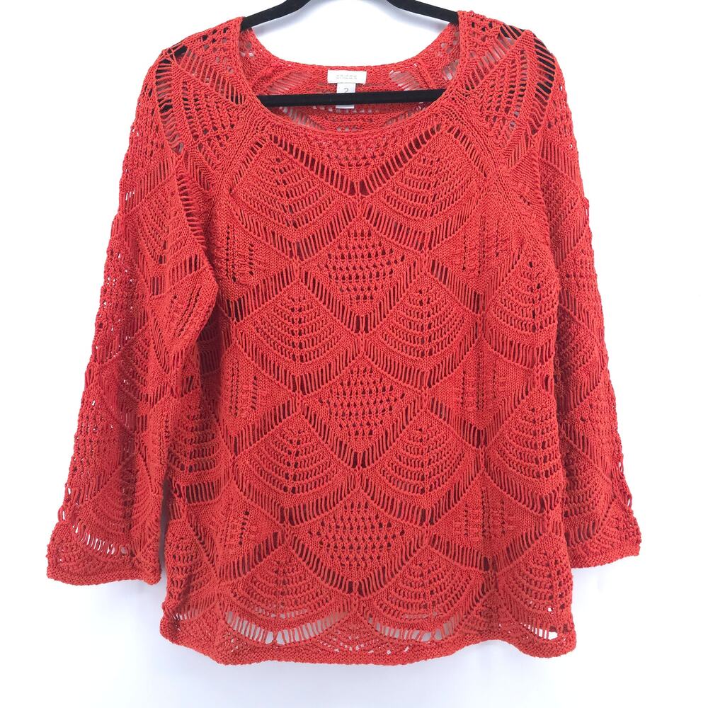 CHICOS Boho Orange Open Lace Knit Art Deco Sweater Cropped Sleeves 2 (12/14)